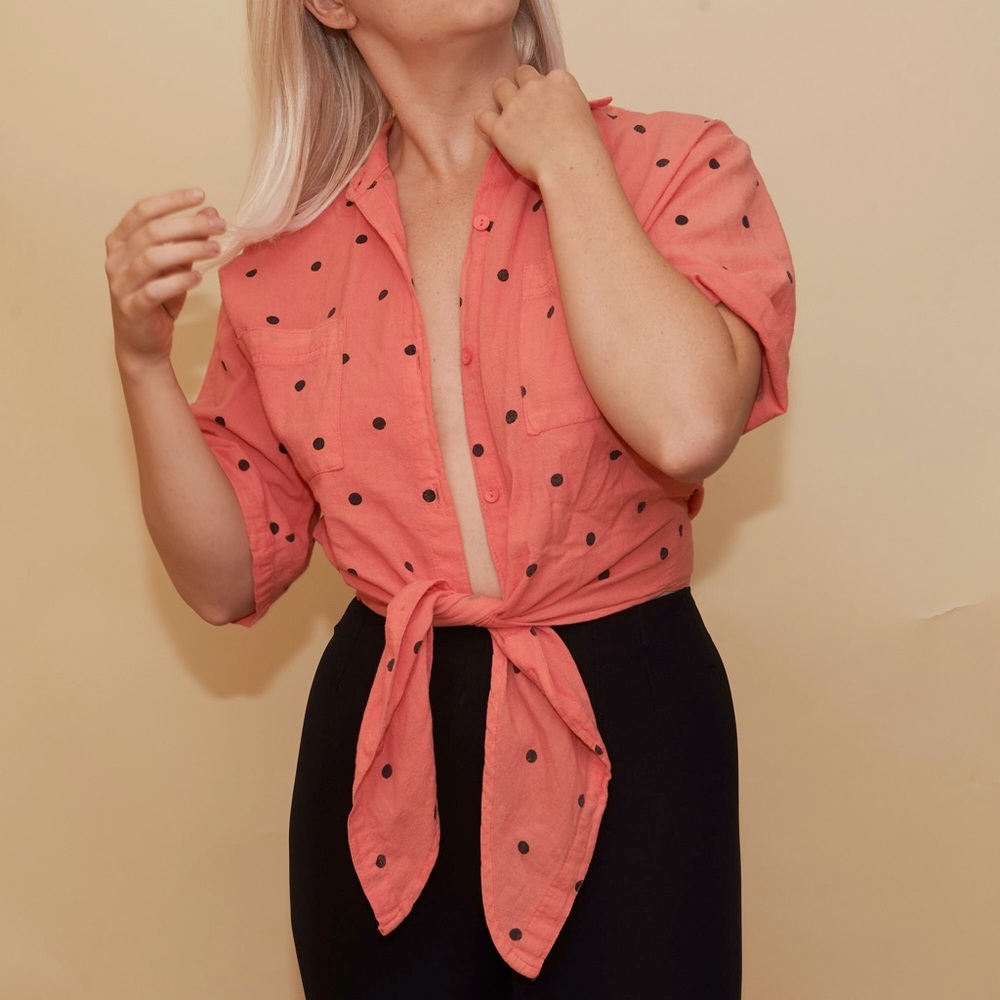 vintage hot pink and black polka dot button up